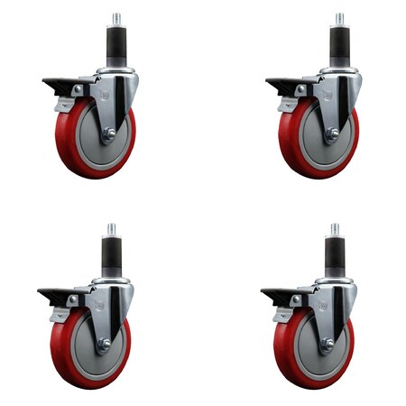 Service Caster 5'' Red Poly Swivel 1-1/4'' Expanding Stem Caster Set with Brake, 4PK SCC-EX20S514-PPUB-RED-PLB-114-4